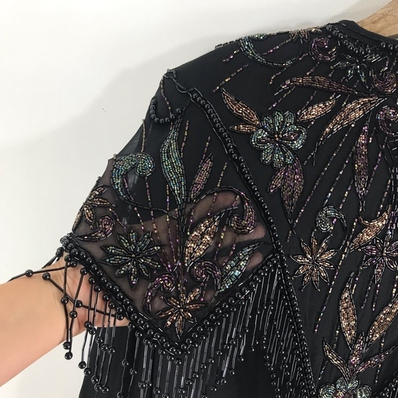 CASADEI Vintage Black Beaded Floral Fringe Cocktail Blazer Jacket Skirt Suit Set - Picture 7 of 16